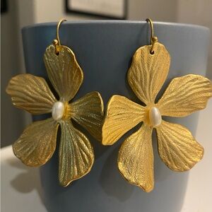 Anthropologie Gold Floral Pearl Drop Earrings - Women Jewelry